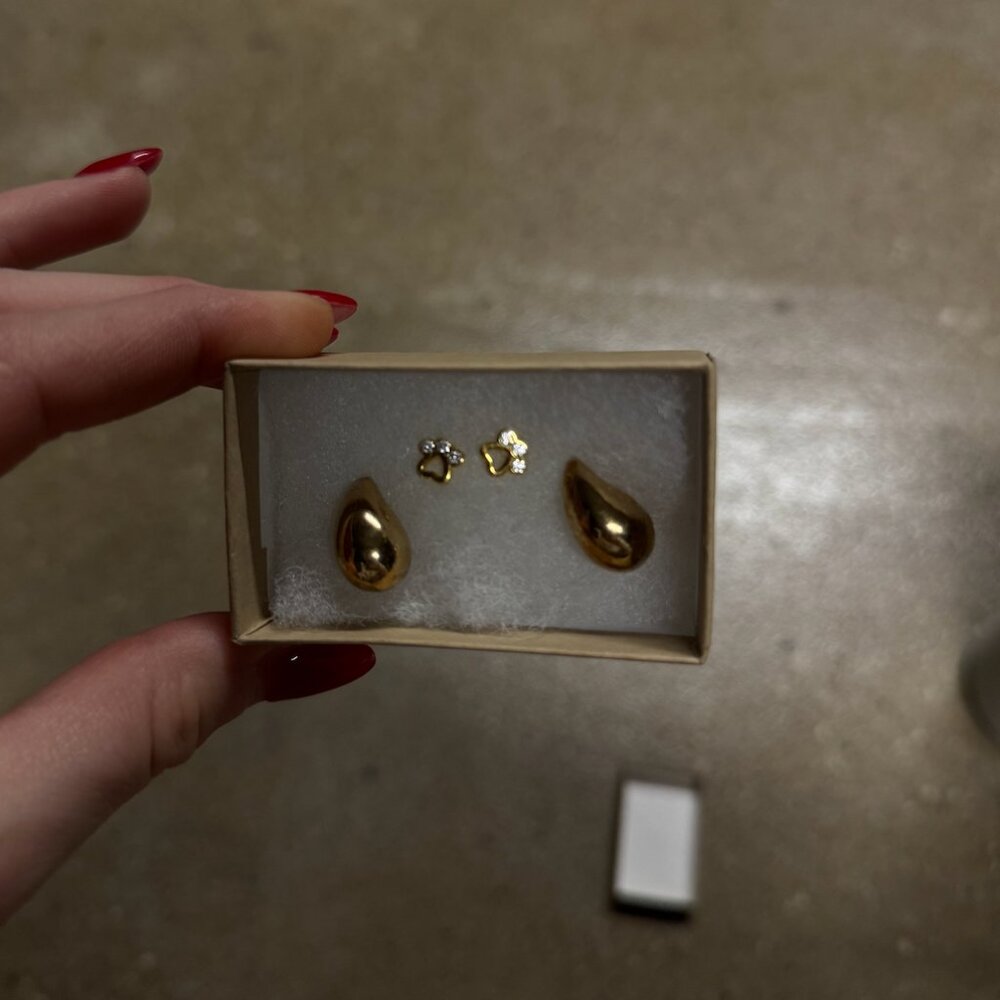 Gold Earring Set – Teardrop Studs & Paw Print Studs Women’s Fashion Jewelry Gift